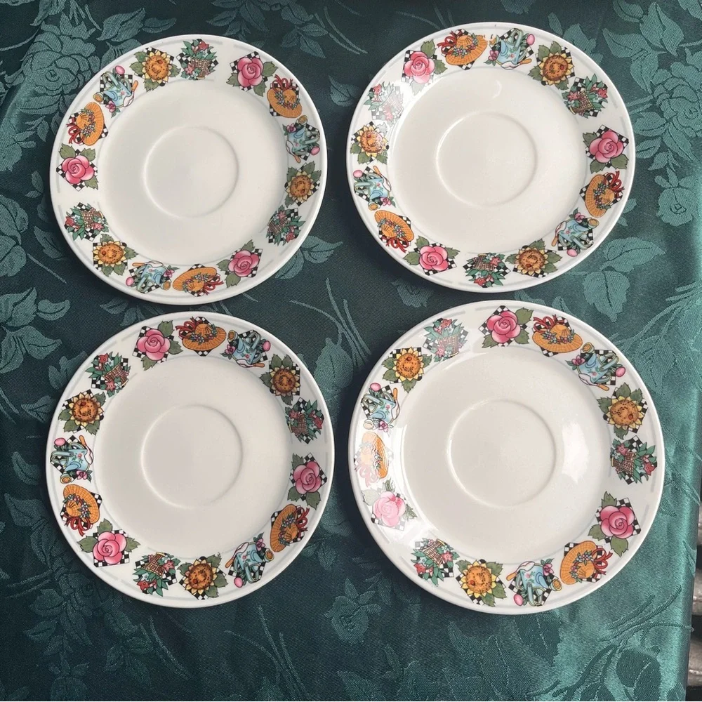 Vintage UTE Tea 3 Cups & 4 Plates Charming Hats & Florals in Engelbreit-style